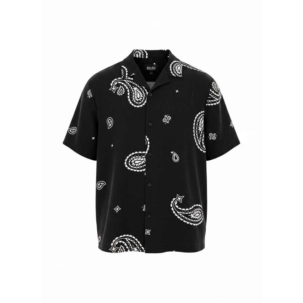Malibu by Drill Clothing Co Mens Black Paisley Bandana Camp Collar Shirt Large